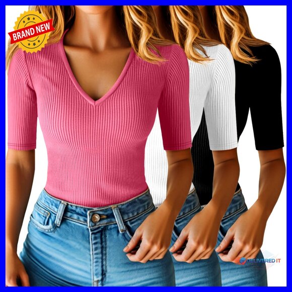 Ribbed Cotton V-Neck Half Sleeve Tee Slim Fit Casual Blouse Summer Top